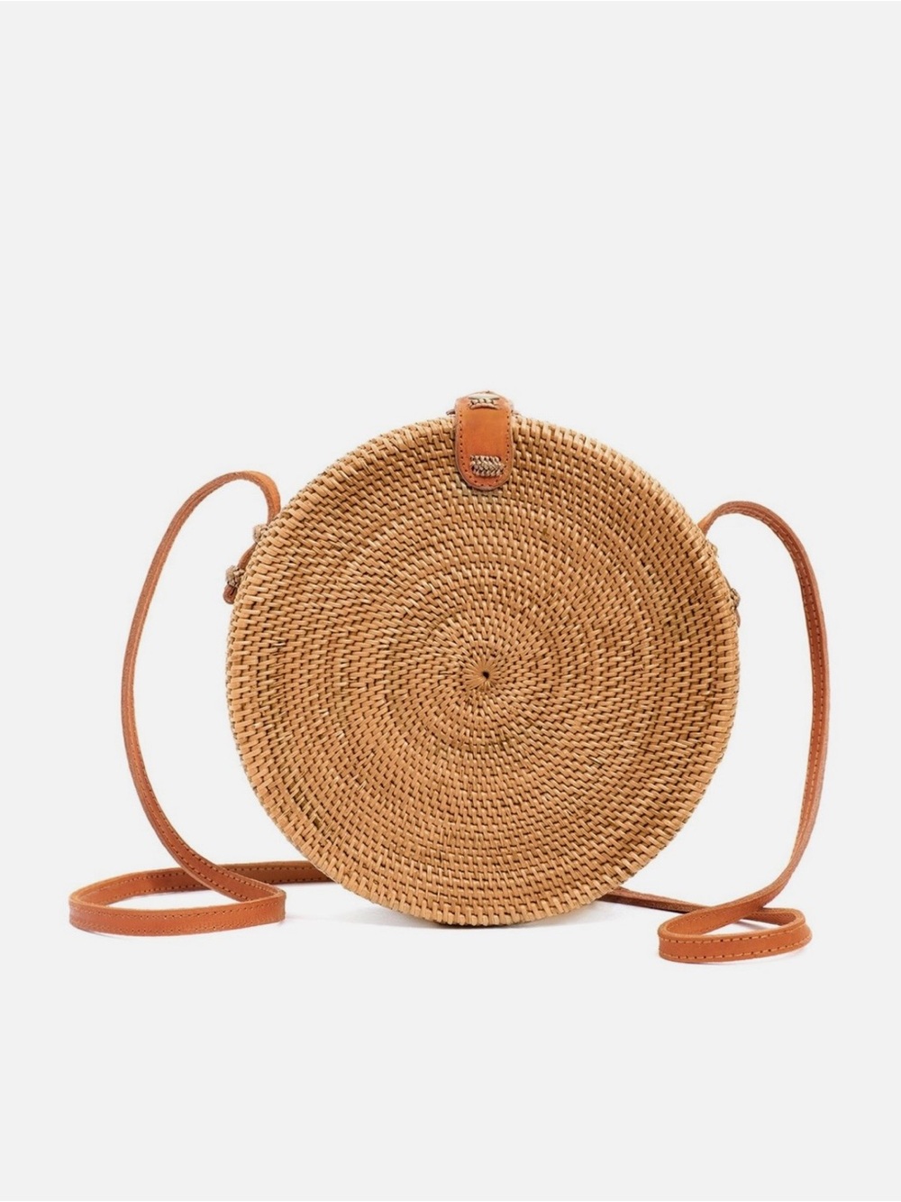 Round Rattan Handmade Woven Straw Crossbody Tan Boho Bloggers Leather Strap Bag